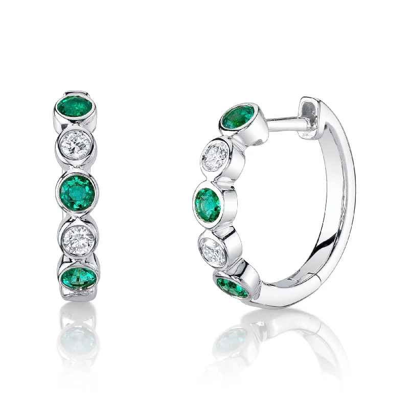 14K Gold Round Emerald Diamond Bezel Huggie Earrings