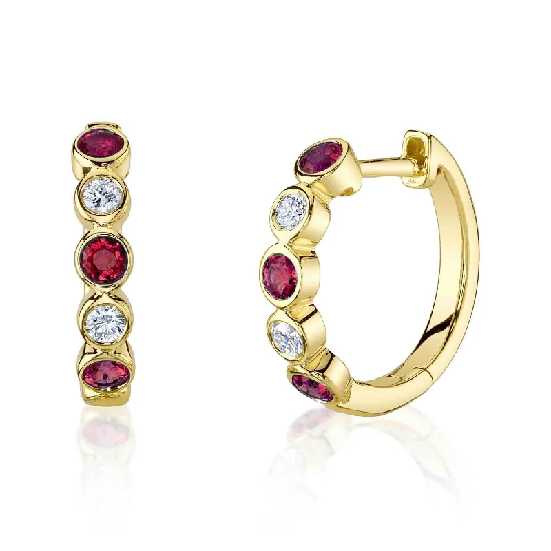 14K Gold Round Ruby Diamond Bezel Huggie Earrings