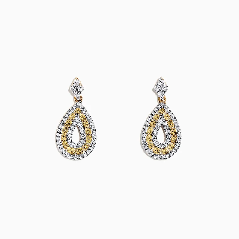 14K Yellow Gold Yellow and White Diamond Earrings, 1.25 TCW