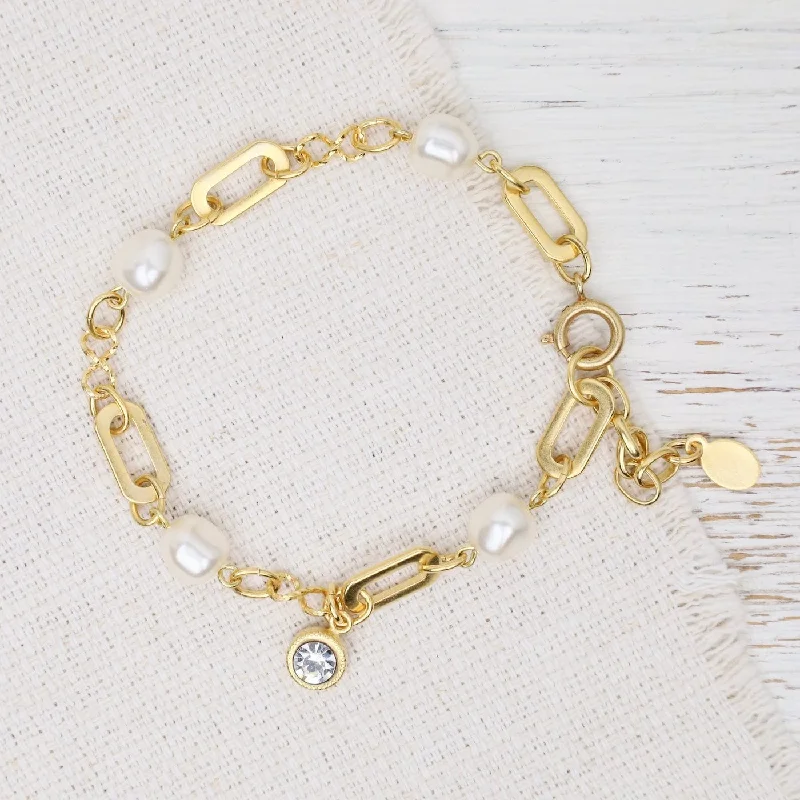 White Crystal Pearl Station Bracelet