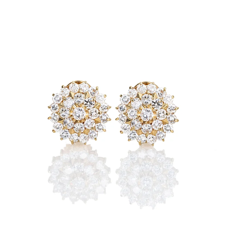 18K Yellow Gold 3.5 Carat Round Diamond Cluster Earrings