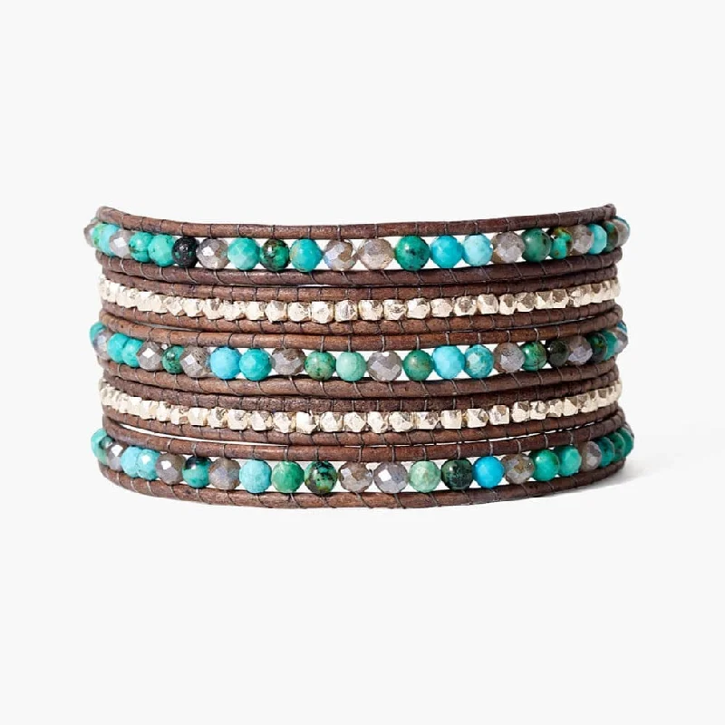 Mixed Wrap Bracelet on Leather - Turquoise Mix