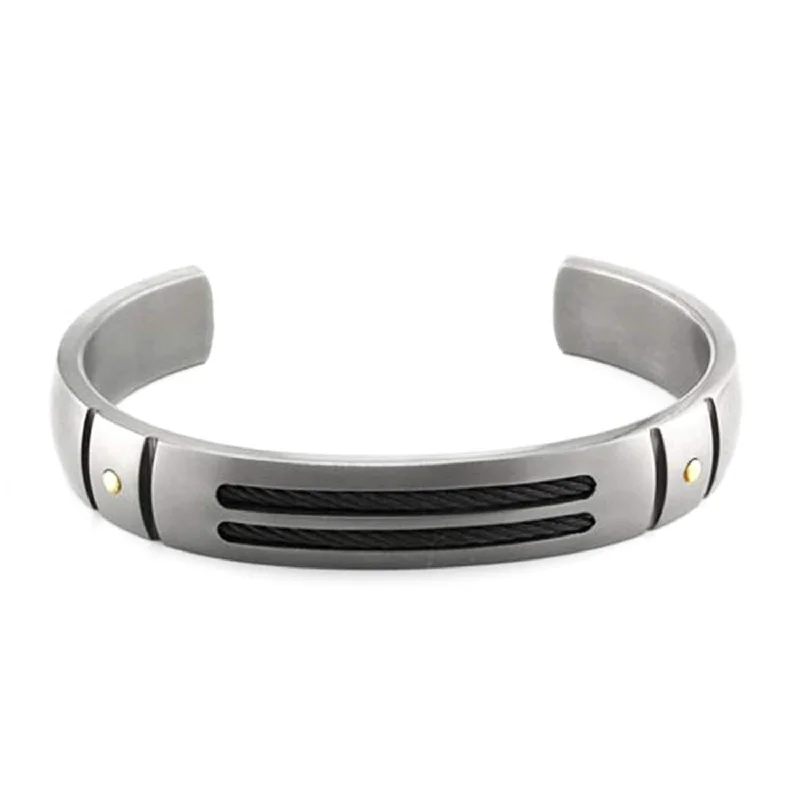 Cable Sport Collection Gray Titanium, Black Memory Cable, 18k Rivets Brushed Cuff Bracelet