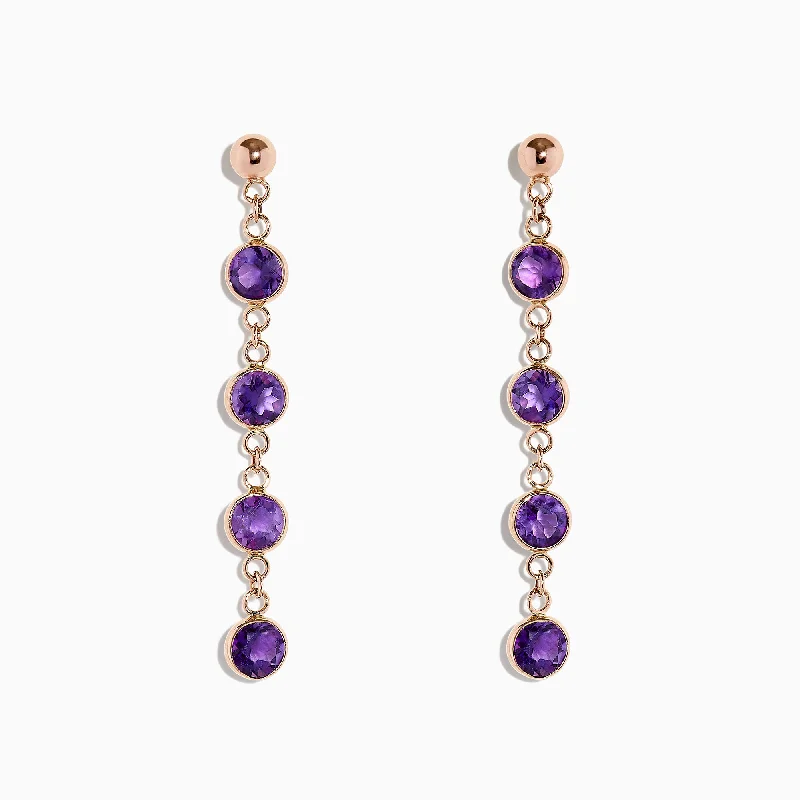 14K Rose Gold Amethyst Station Earrings, 2.08 TCW