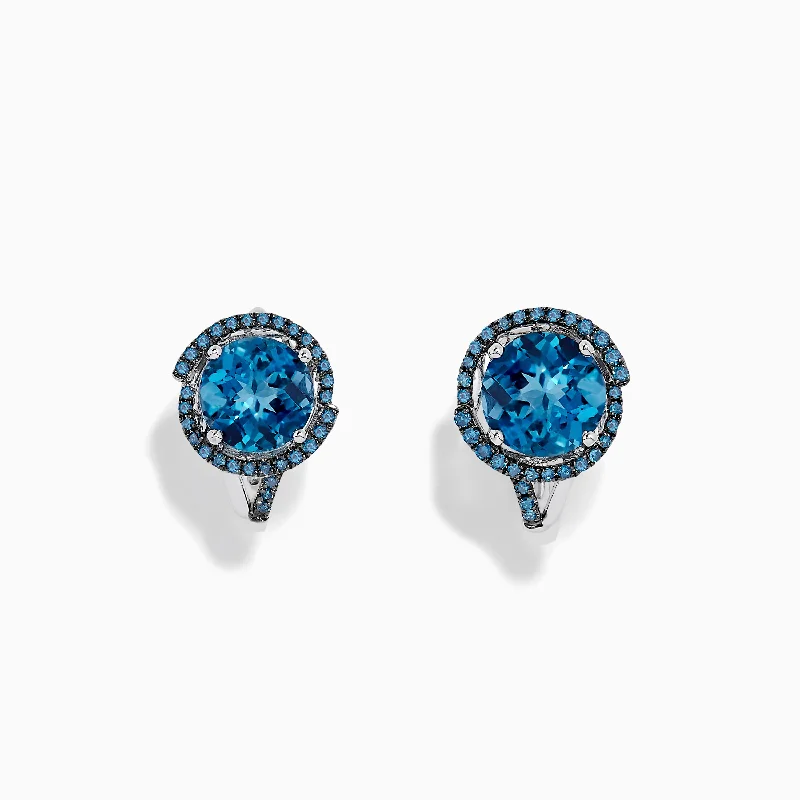 14K White Gold Blue Topaz and Blue Diamond Earrings, 3.87 TCW