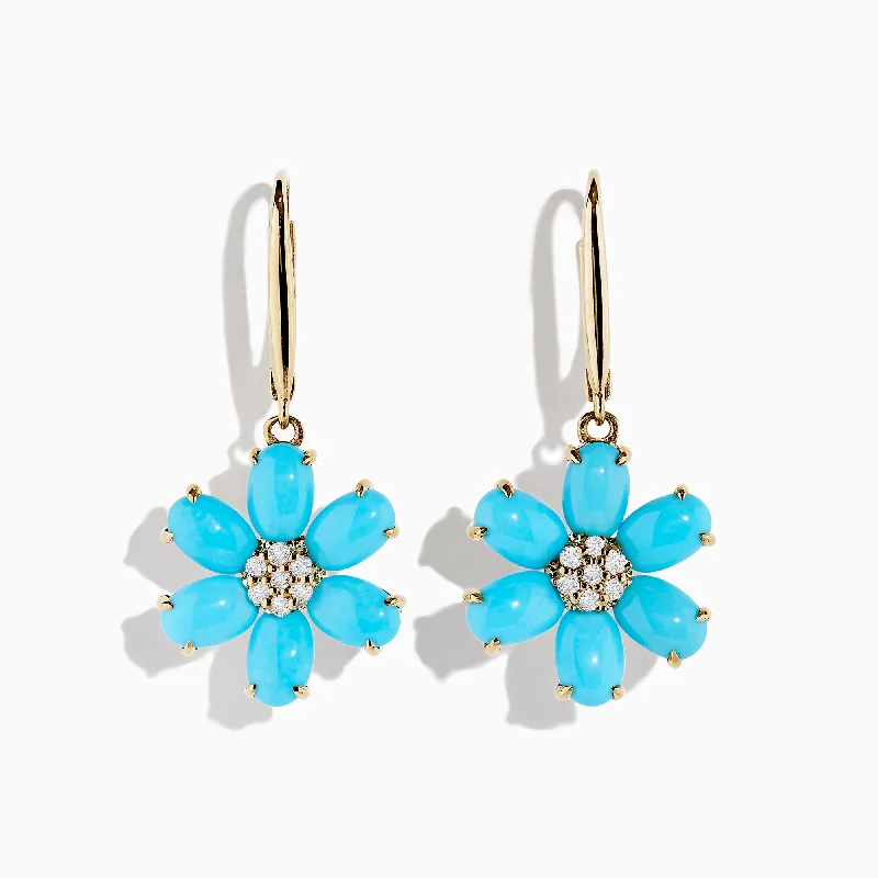 14K Yellow Gold Turquoise and Diamond Flower Earrings, 4.83 TCW