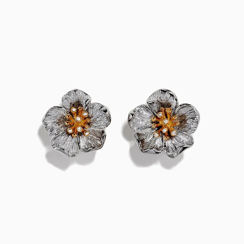 Nature Sterling Silver & 18K Gold Diamond Flower Earrings, 0.04 TCW