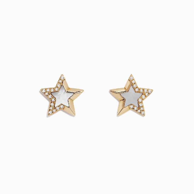 Novelty 14K Gold Mother of Pearl and Diamond Star Earrings, 0.11 TCW