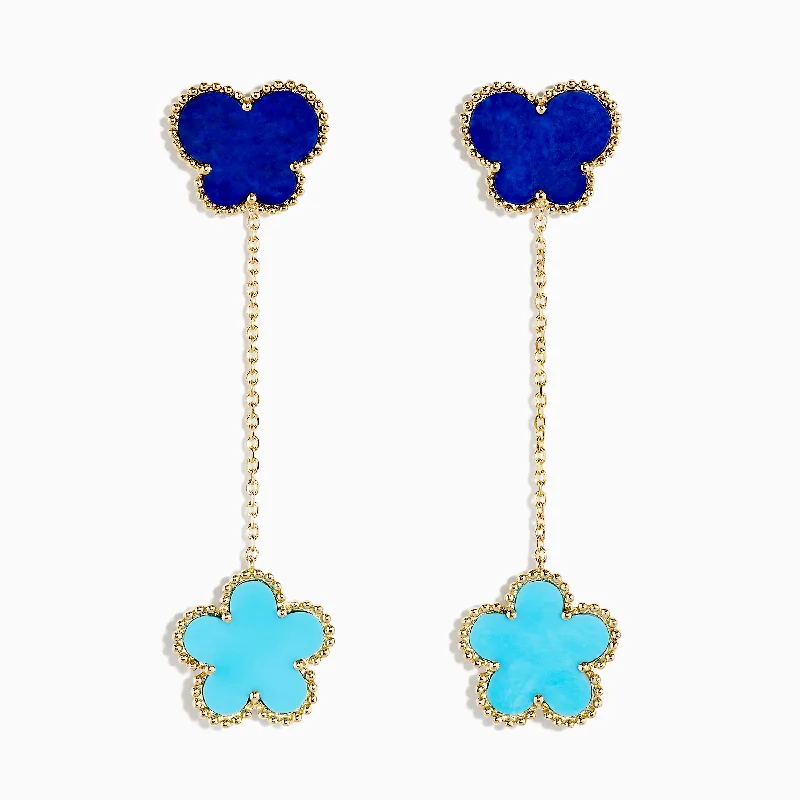 Novelty 14K Gold Turquoise & Lapis Floral Butterfly Earrings