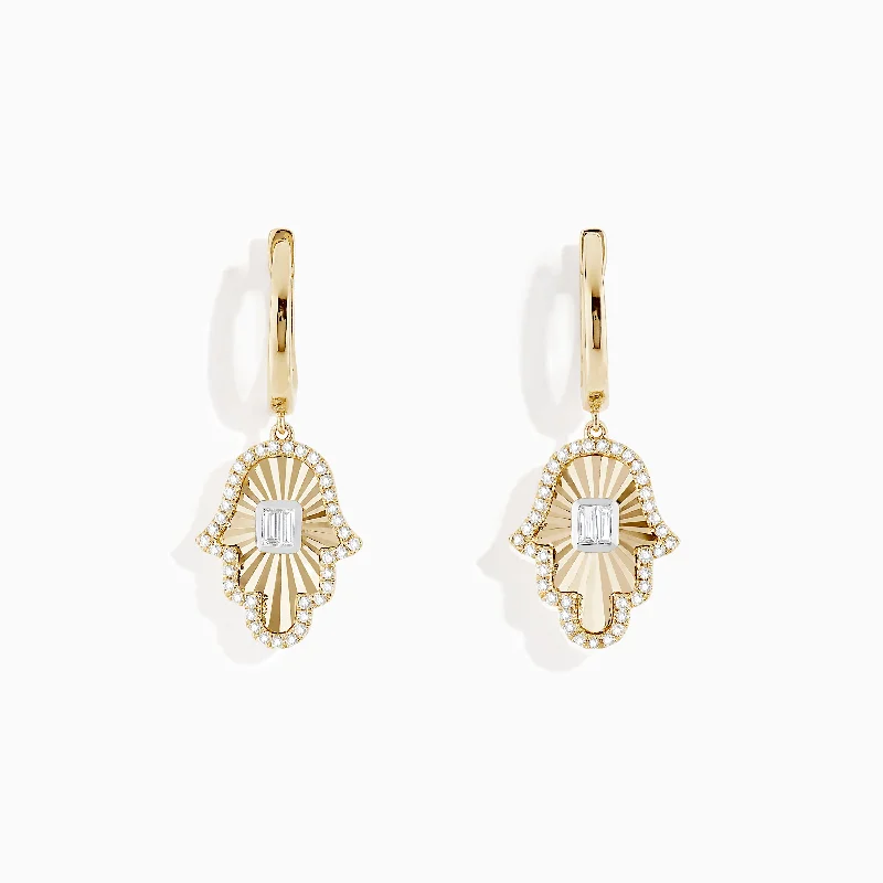 Novelty 14K Two Tone Gold Diamond Hamsa Earrings