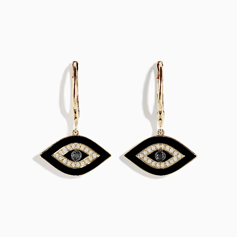 Novelty 14K Yellow Gold Black and White Diamond Evil Eye Earrings