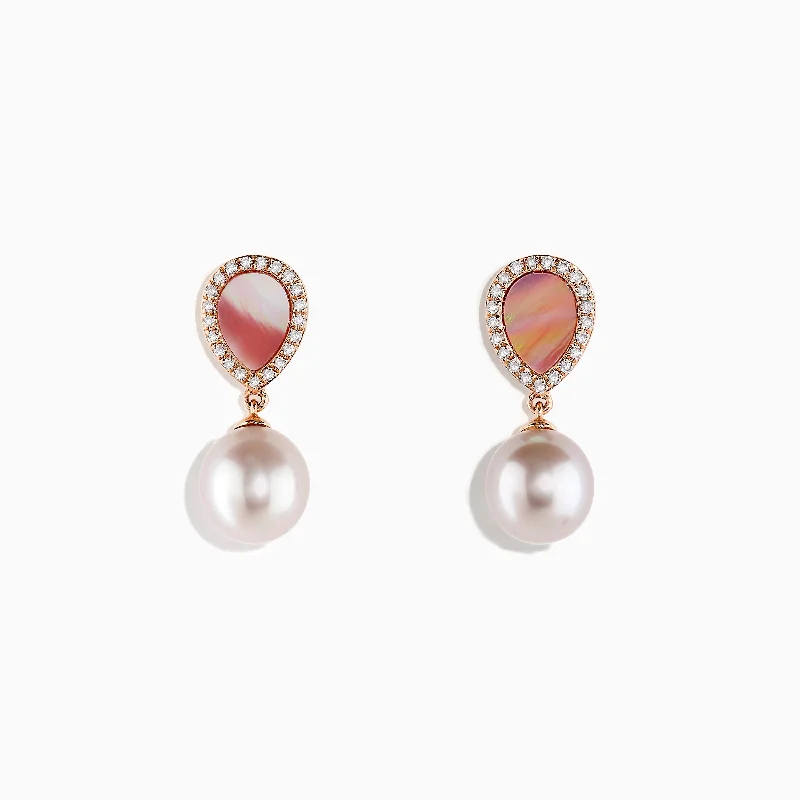 Peark 14K Rose Gold Pearl, Mother of Pearl and Diamond Earrings