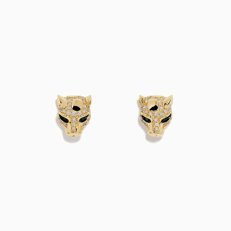 Signature 14K Gold Emerald and Diamond Panther Earrings, 0.35 TCW