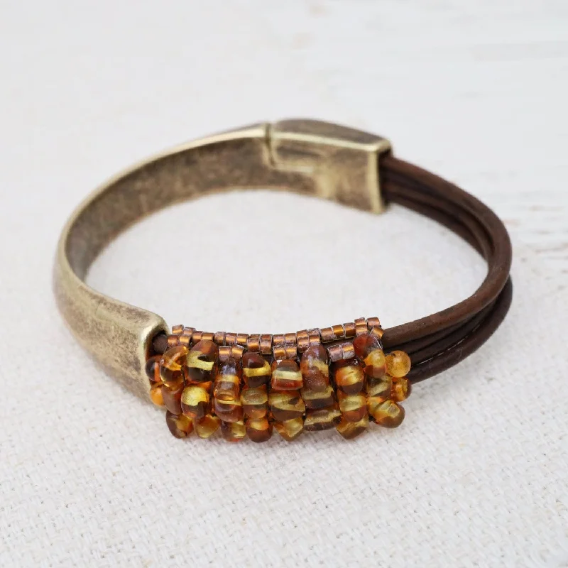 Hand Stitched Amber with Amber Trim on Multi Wood Leather Bracelet