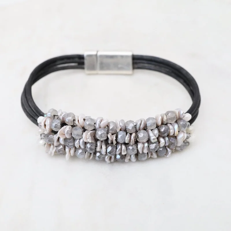 Hand Stitched Kishi Pearls & Mystic Grey Moonstone Black Leather Bracelet