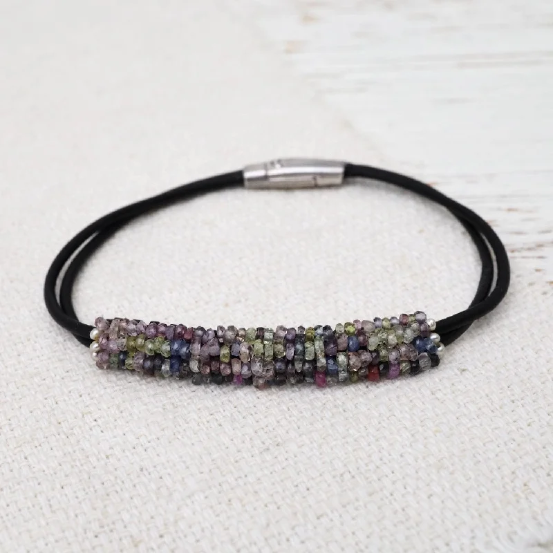 Hand Tiny Mixed Sapphires on 2 Strands Black Leather Bracelet