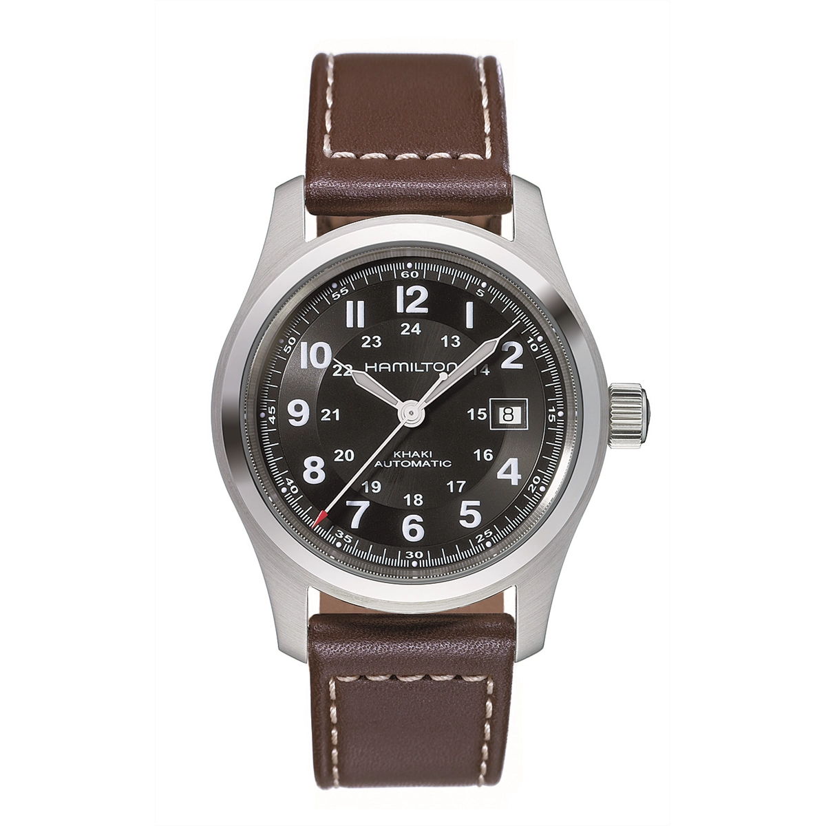 Hamilton Khaki Field Auto Watch Black Dial Brown Strap 42mm