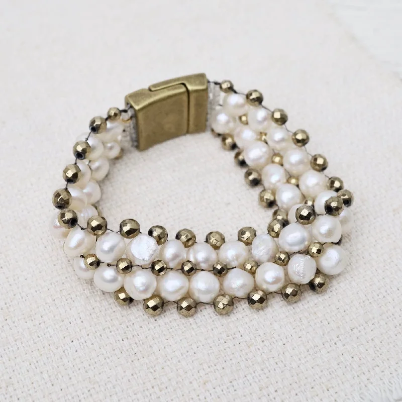 Hand Woven Soft Bracelet of White Pearls & Pyrite