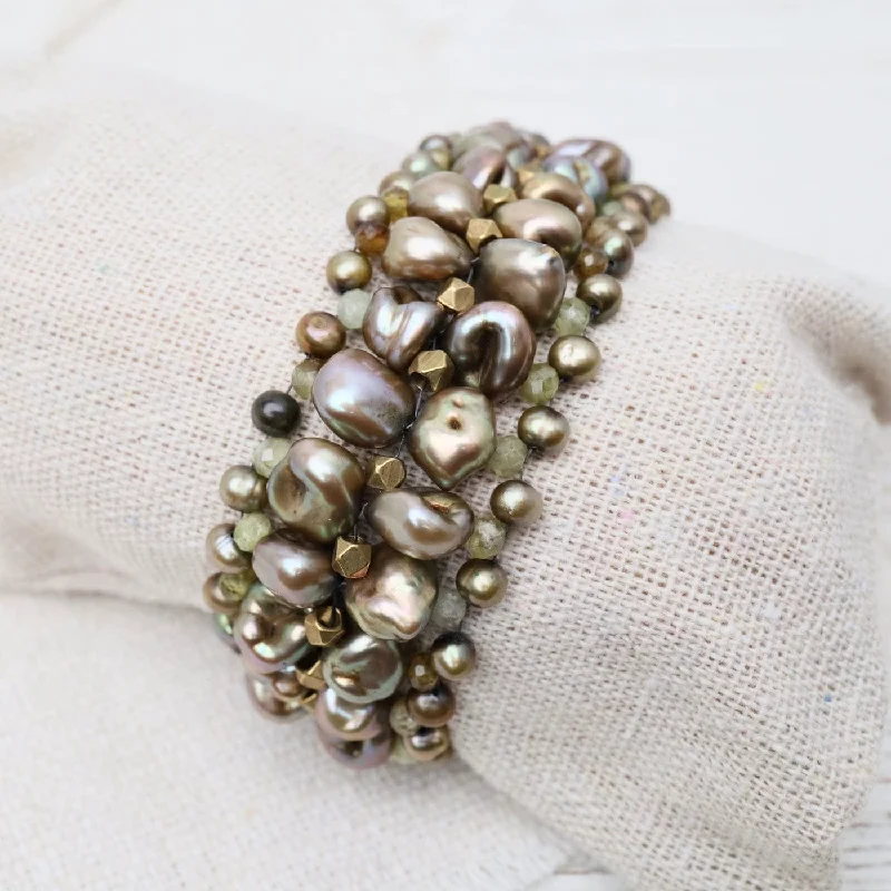 Hand Woven Soft Bracelet of Grey-Green Pearls