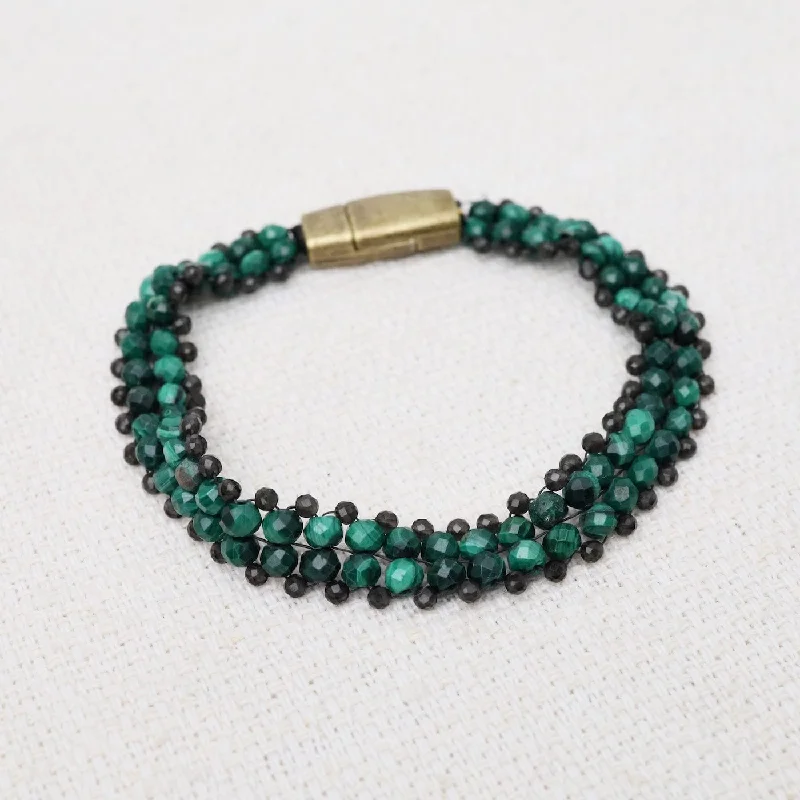 Hand Woven Soft Bracelet of Malachite & Smokey Quartz Trim Bracelet