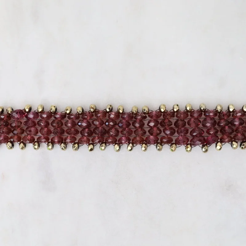 Hand Woven Soft Bracelet of Garnet & Pyrite Trim