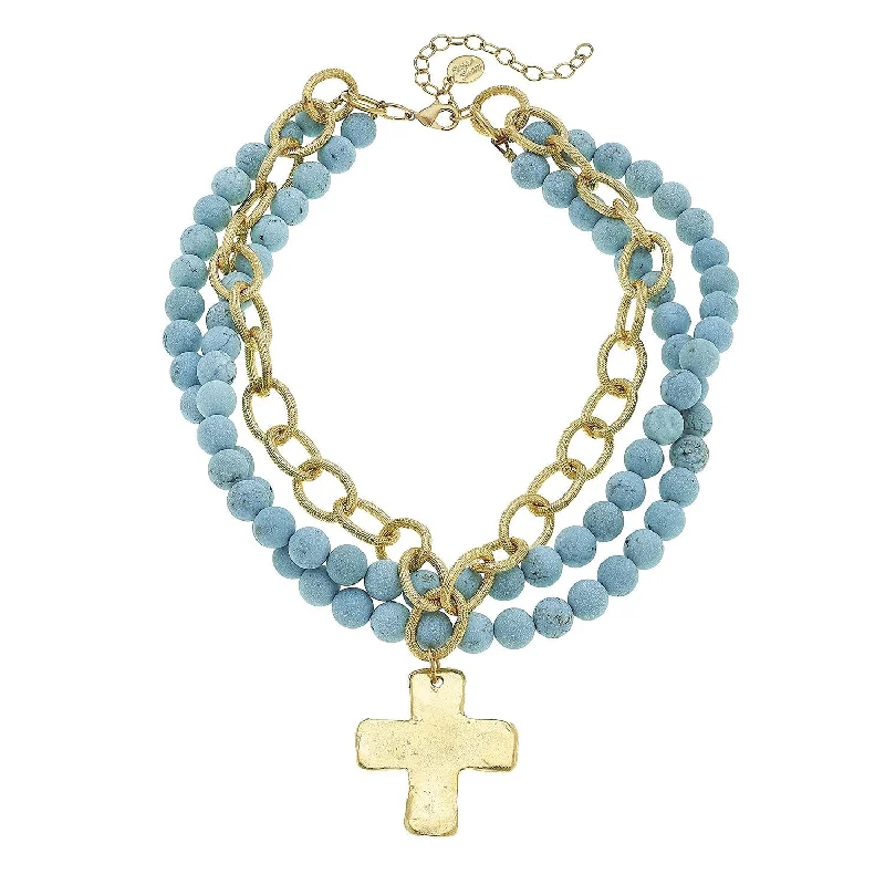 Matte Turquoise Multi-Strand Cross Necklace