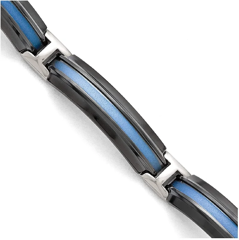 Men's Polished Titanium, Black Titanium Blue Anodized Bracelet, 8 Inches