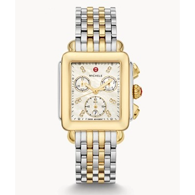 Michele Deco Two-Tone MOP Diamond Dial Watch Chrongraph 33mm Quartz