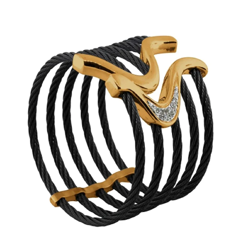 Tango Collection Black Titanium and Bronze Cable 44mm White Sapphire Flexible Cuff Bracelet, 7"