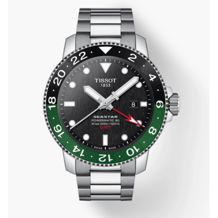 Tissot Seastar 1000 GMT USA Exclusive Green & Black Bezel Black Dial Steel Case & Bracelet