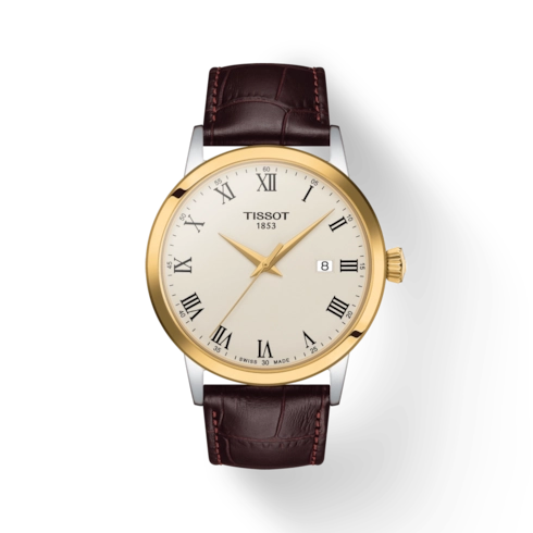 Tissot T-Classic Dream Two-Tone Ivory Roman Dial Brown Strap 42mm Quartz